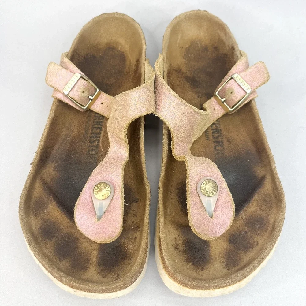 Birkenstock Gizeh Sandals Womens 38/ 7 Shoes Thong Slide Pink Suede Slip On Flat
